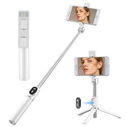 LED Light Slim Wireless Bluetooth Remote Extendable Selfie Stick with Tripod Stand (White)